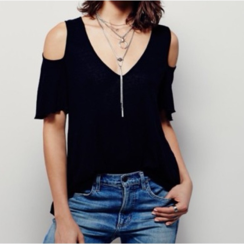 Free People Black Cold Shoulder Slub Knit Flowy Breezy Tee Top